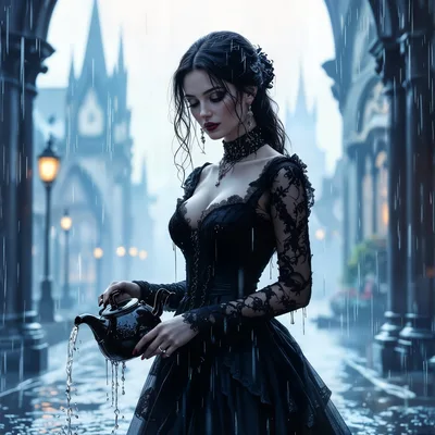 Gothic Woman Pouring Tea In Rainy European Street