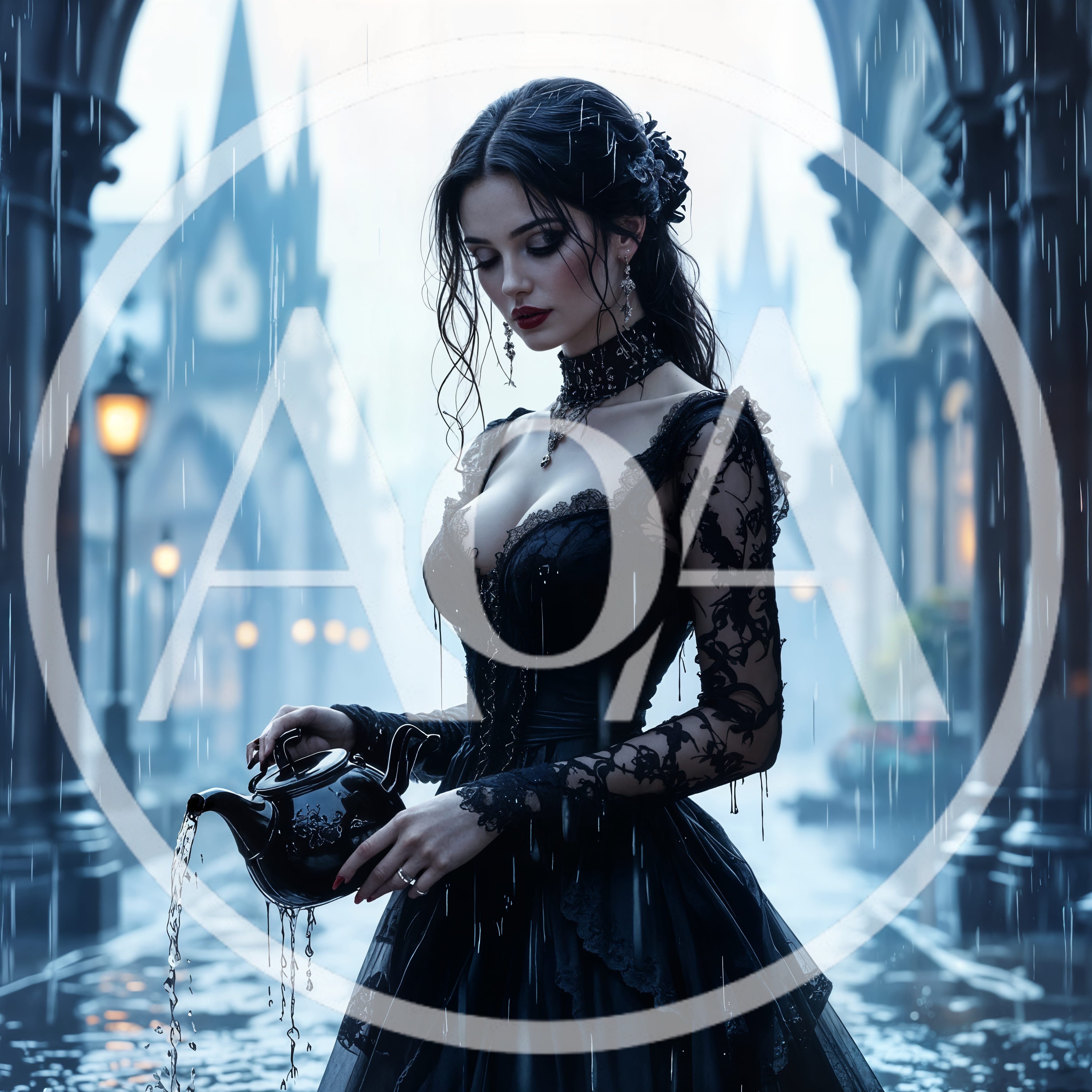Gothic Woman Pouring Tea In Rainy European Street