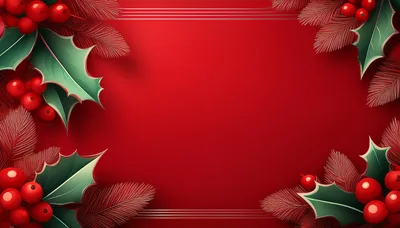 Christmas Holly Berries and Pine Branches Border