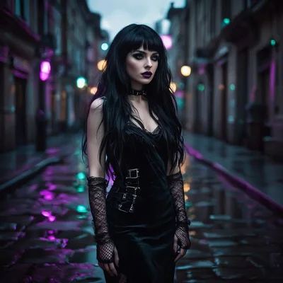Gothic Woman Standing On A Wet City Street