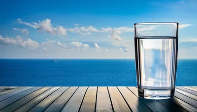Glass Of Water On A Wooden Deck Overlooking The Ocean