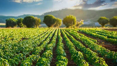 Rows Of Green Pepper Plants In A Sunny Field