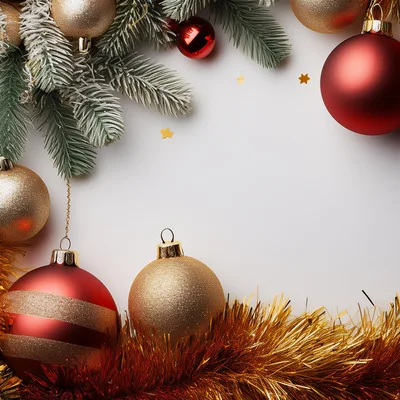 Christmas Ornaments and Pine Branches on White Background