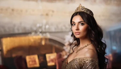 Elegant Woman Wearing A Golden Crown And Evening Gown
