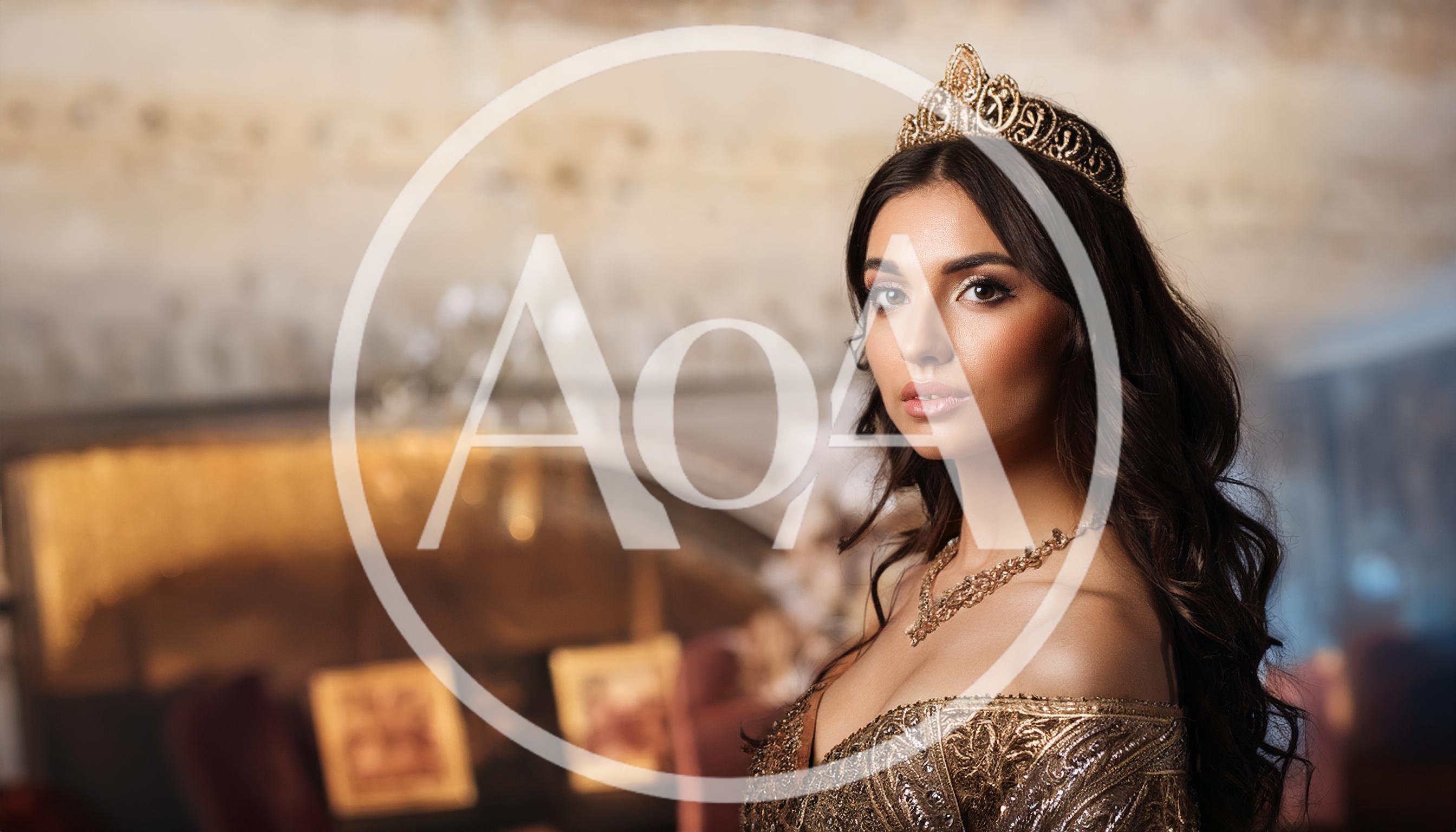 Elegant Woman Wearing A Golden Crown And Evening Gown
