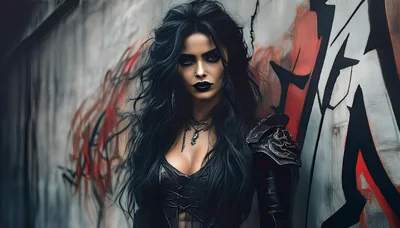 Gothic Woman With Long Black Hair Against Graffiti Wall