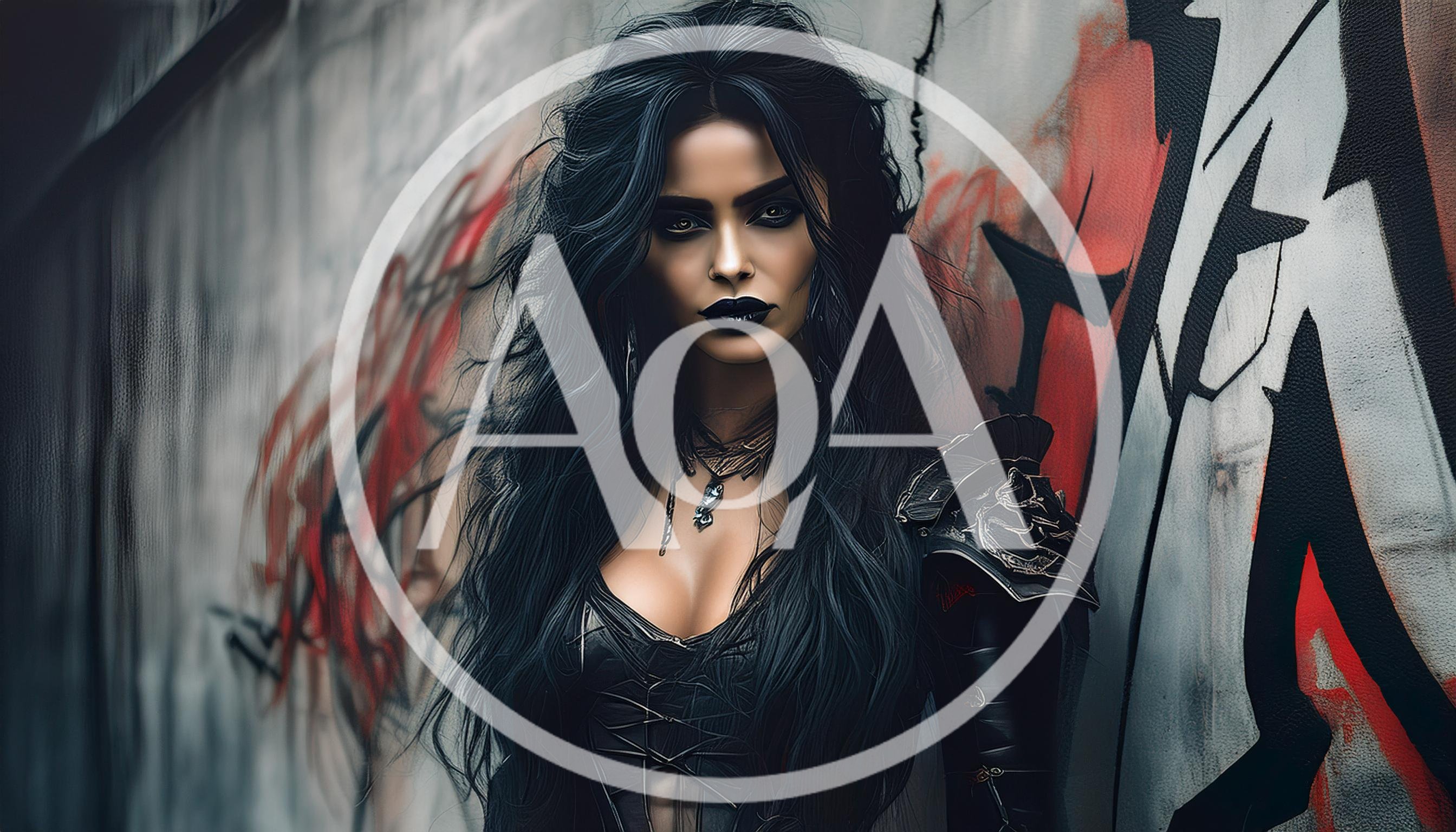 Gothic Woman With Long Black Hair Against Graffiti Wall