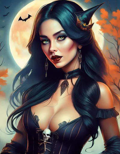 Beautiful Witch Portrait With Full Moon Background