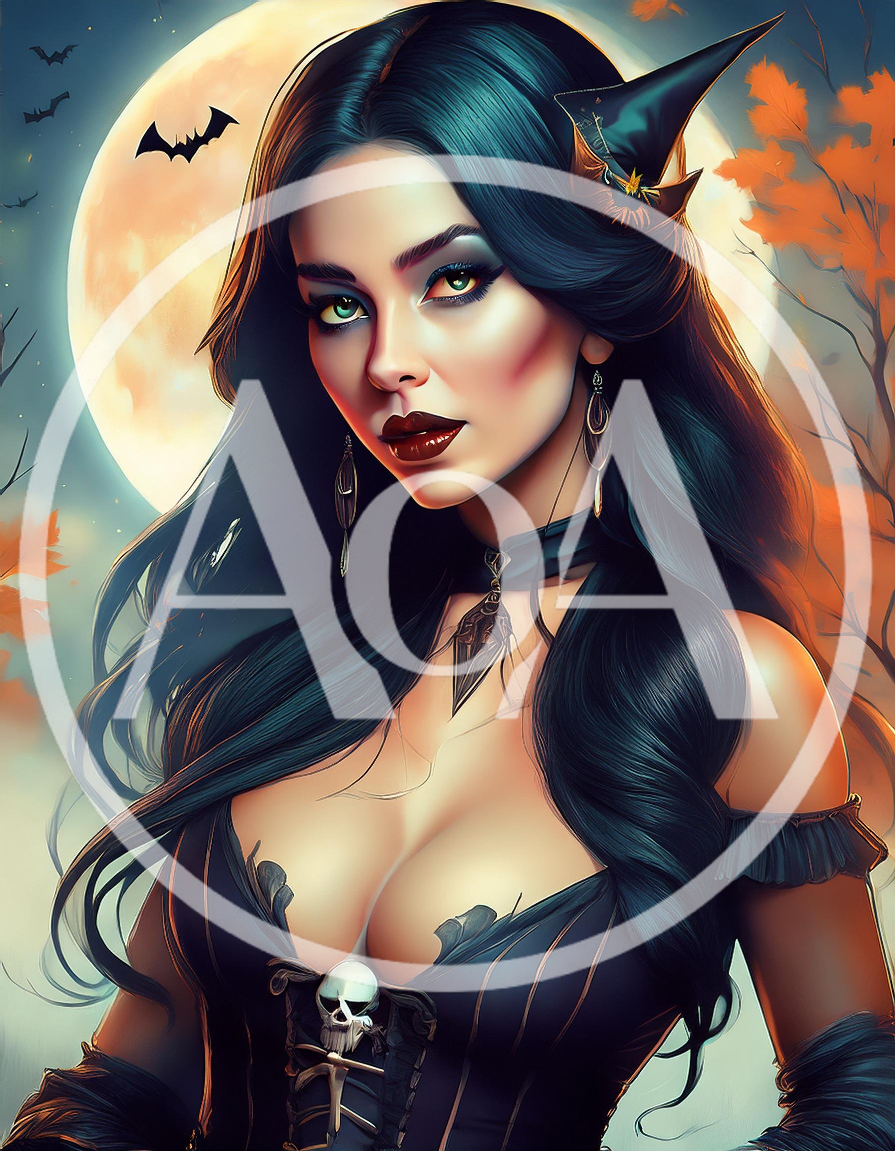 Beautiful Witch Portrait With Full Moon Background