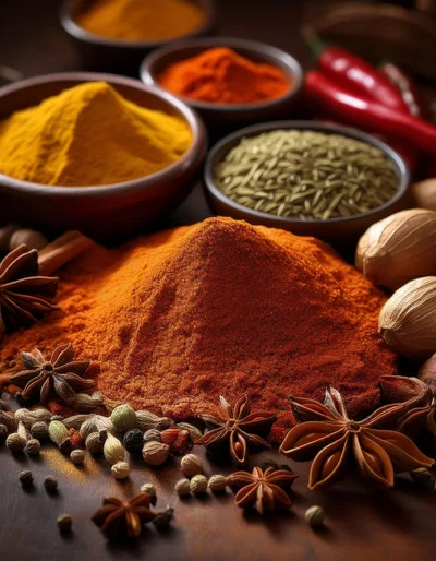 Assorted Aromatic Spices and Powders on Wooden Surface