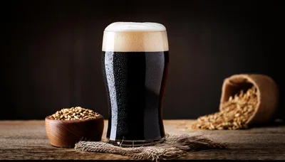 Glass Of Dark Stout Beer With Malt Grains