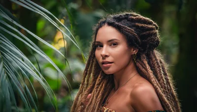 Young Woman With Dreadlocks Posing In Tropical Jungle