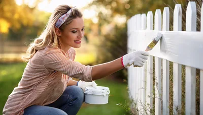 Young Woman Painting A White Picket Fence