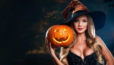 Beautiful Woman Wearing Witch Hat Holding Jack O Lantern