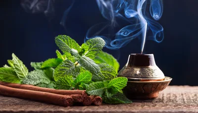 Fresh Mint Leaves and Cinnamon Sticks with Incense