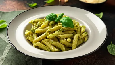 Penne Pasta With Pesto Sauce In A White Bowl