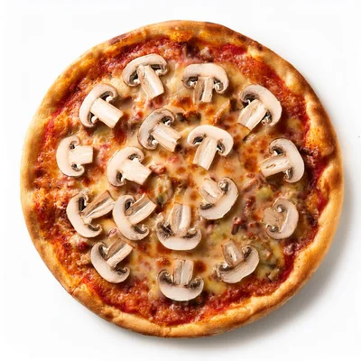 Fresh Mushroom Pizza With Melted Cheese On White Background