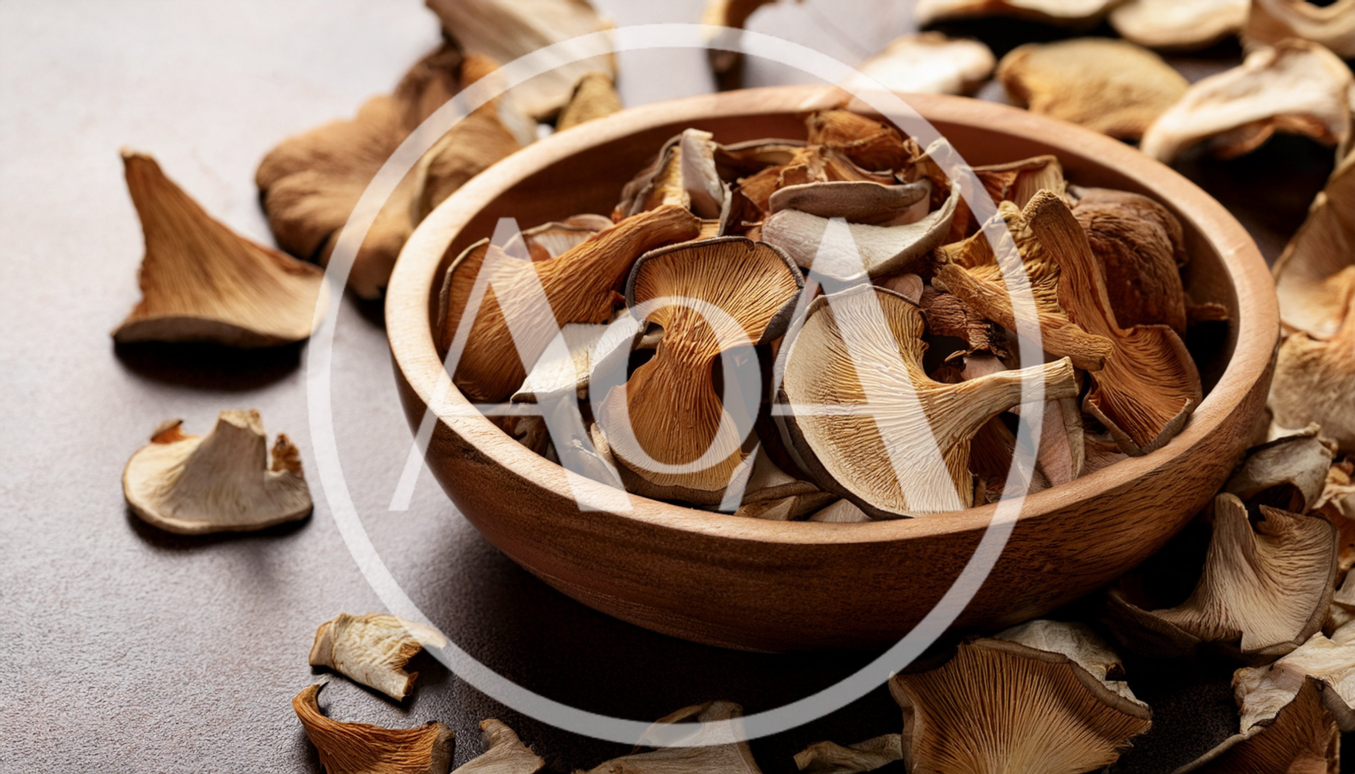 Dried Oyster Mushrooms In A Wooden Bowl