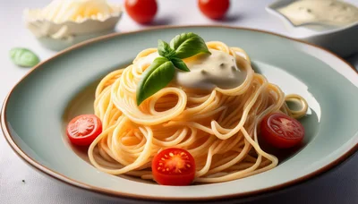 Spaghetti Pasta Dish With Cream Sauce And Cherry Tomatoes