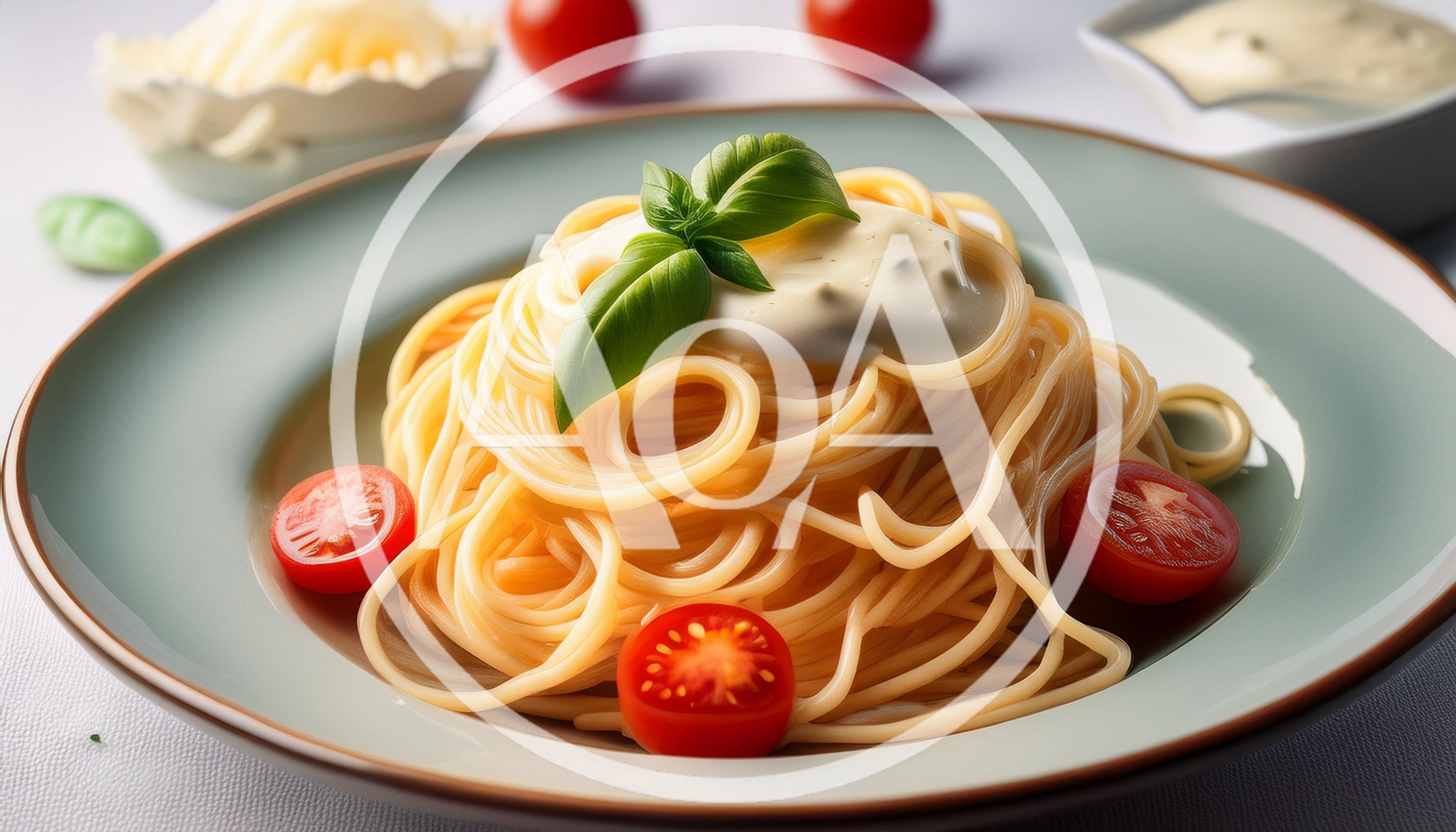 Spaghetti Pasta Dish With Cream Sauce And Cherry Tomatoes