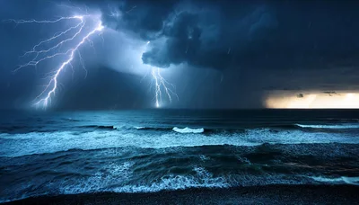 Lightning Strikes Over A Stormy Ocean At Night