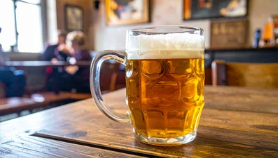 Full Glass Beer Mug On A Wooden Pub Table