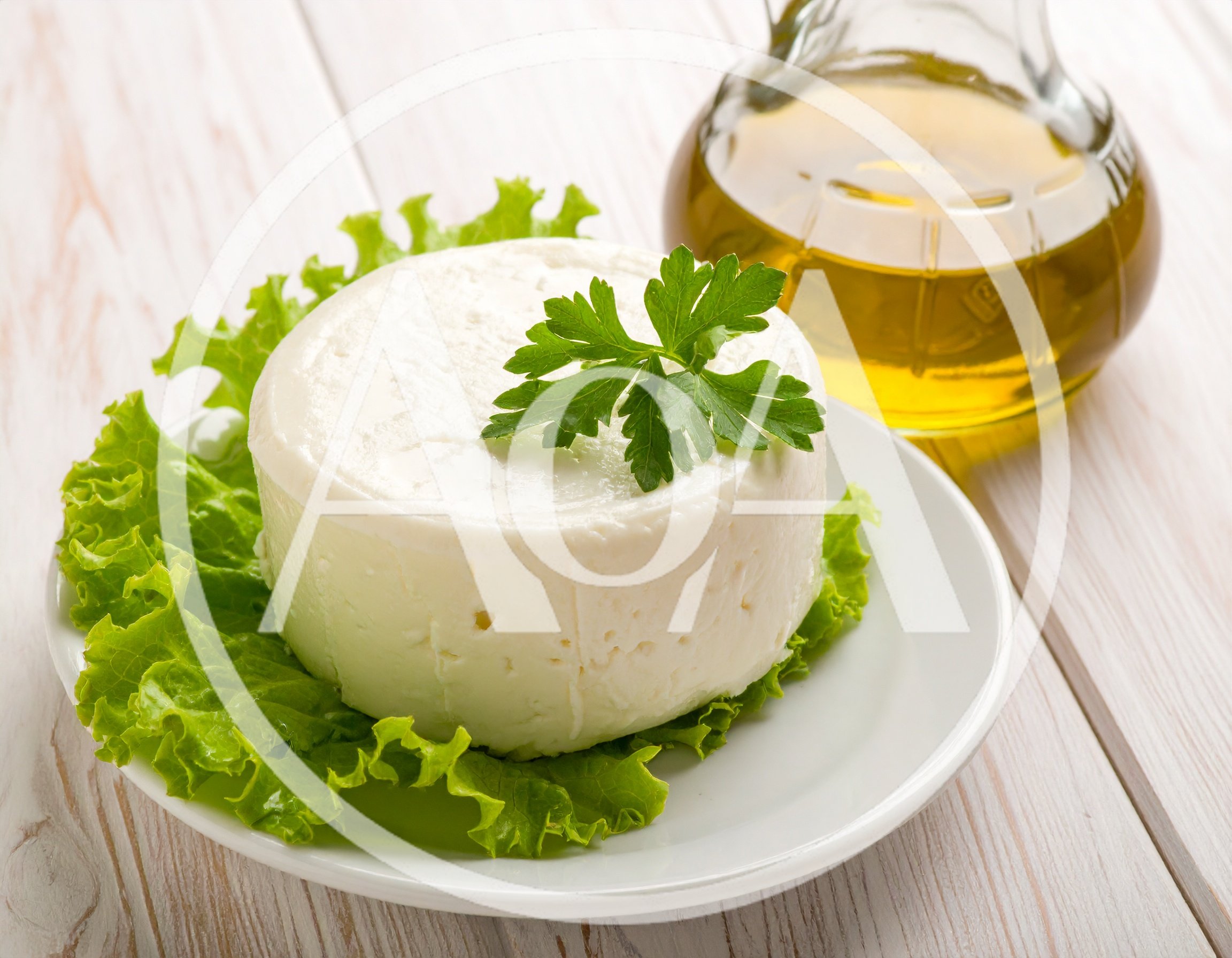 Fresh Round Cheese Wheel With Lettuce And Olive Oil