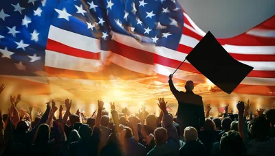 Crowd Cheering Before A Large American Flag