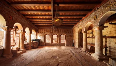 Interior View Of Ancient Stone Monastery Hall