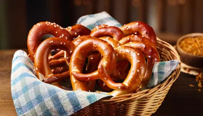 Freshly Baked Soft Pretzels In A Wicker Basket