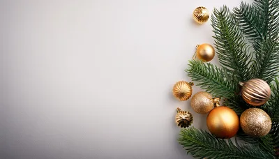 Golden Christmas Ornaments On Pine Branches