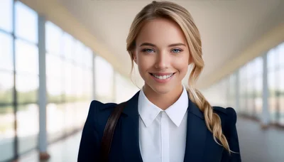 Professional Businesswoman Smiling In A Modern Office Hallway