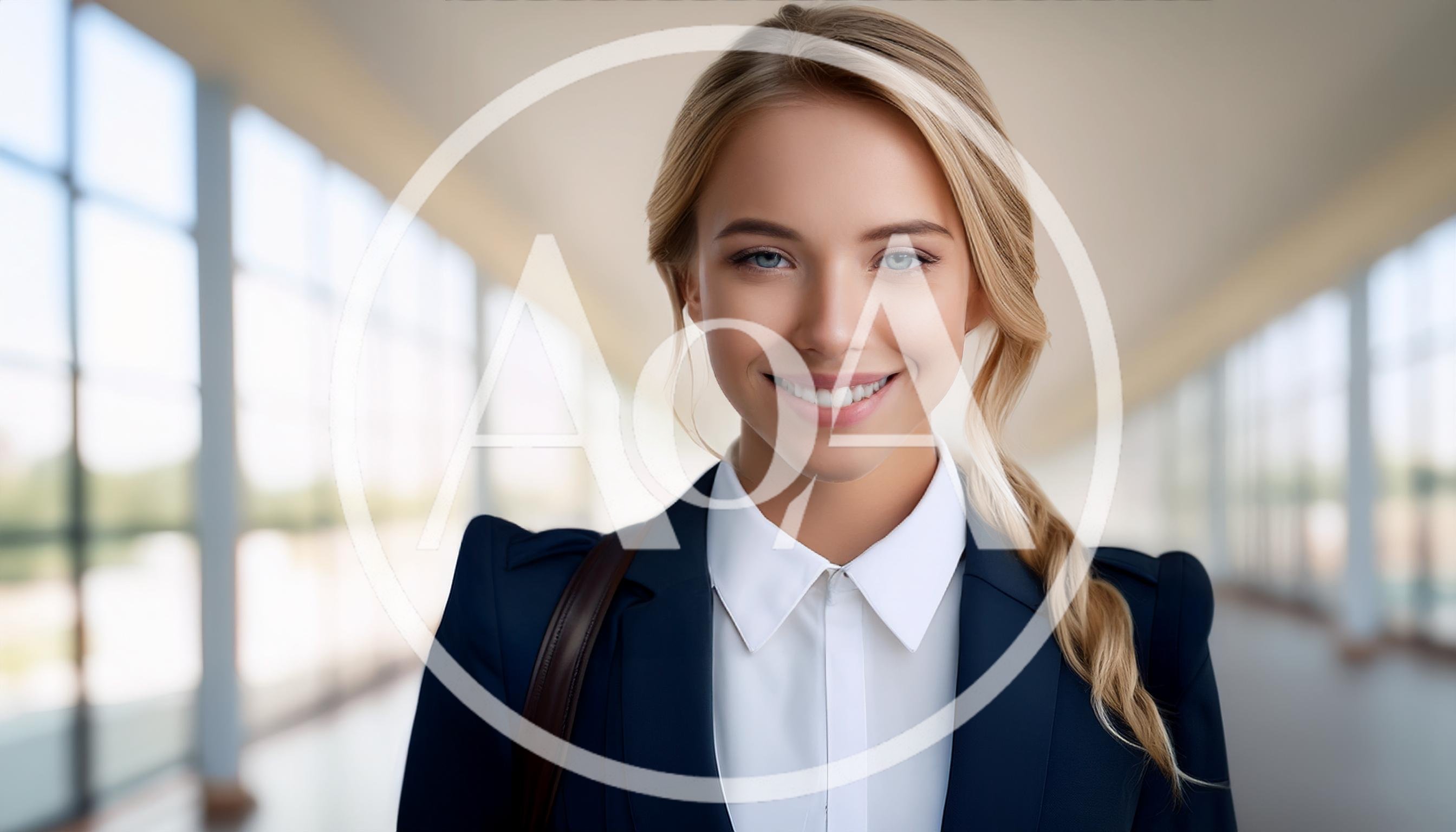 Professional Businesswoman Smiling In A Modern Office Hallway
