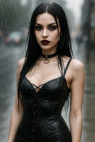 Gothic Woman In Black Corset Standing In The Rain