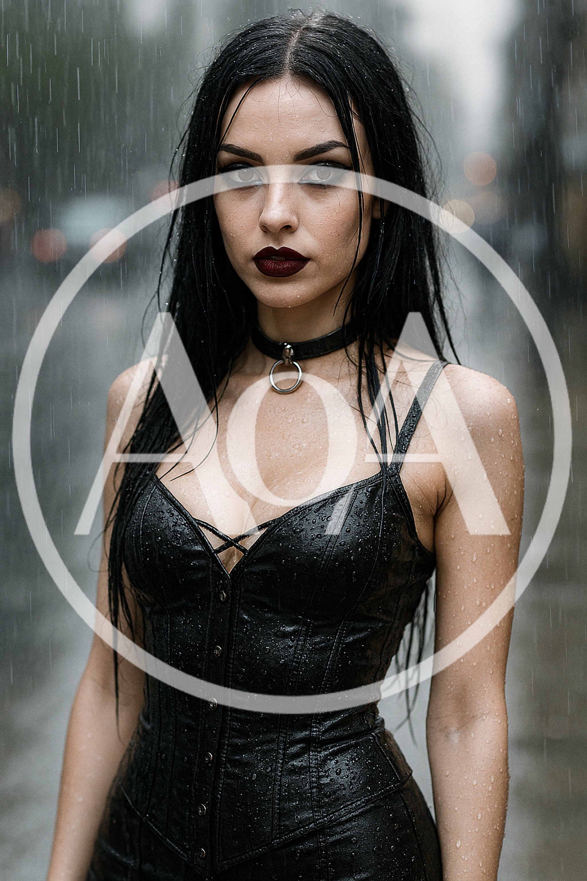 Gothic Woman In Black Corset Standing In The Rain
