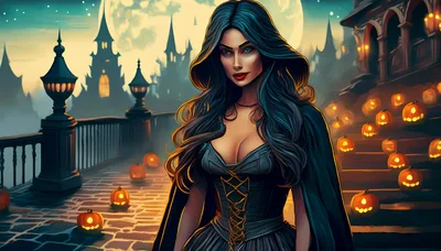 Gothic Woman Standing Before Haunted Castle With Pumpkins