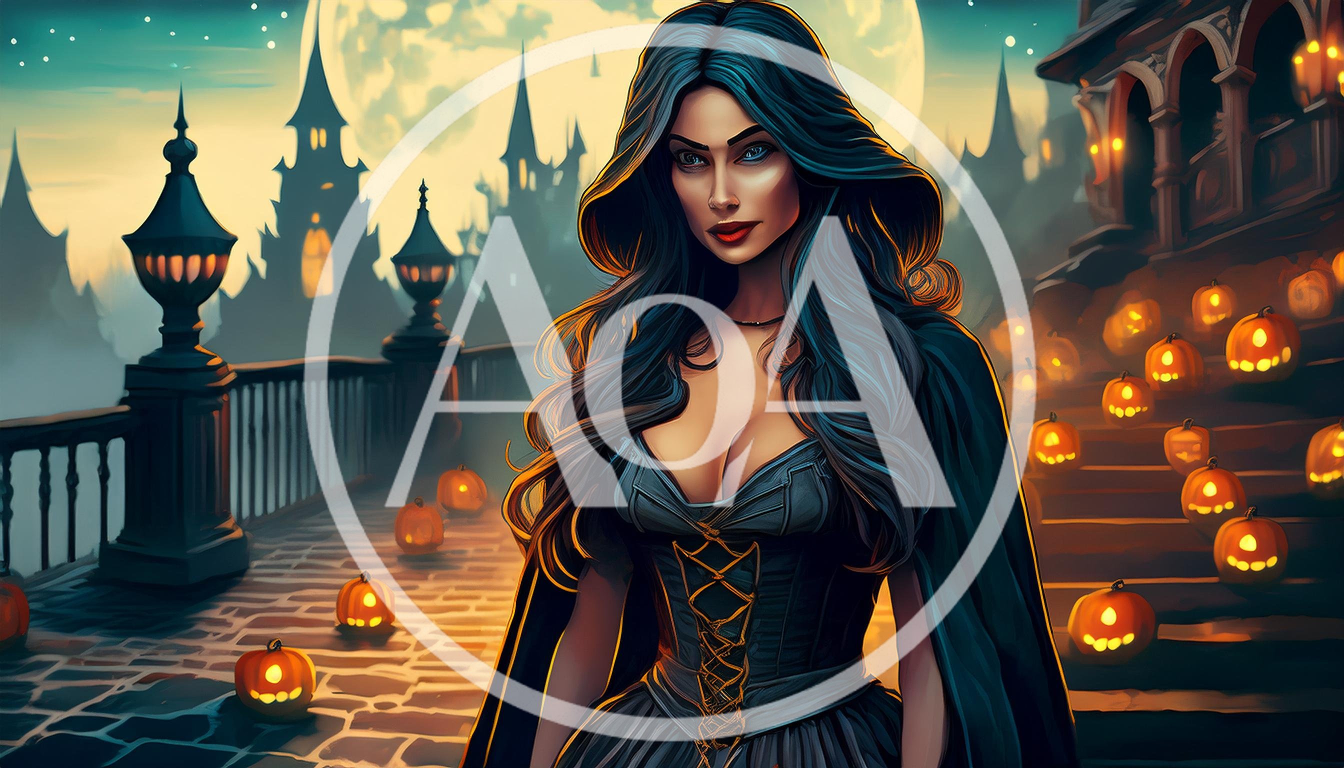 Gothic Woman Standing Before Haunted Castle With Pumpkins
