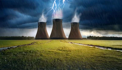 Three Nuclear Cooling Towers Under Stormy Lightning Sky