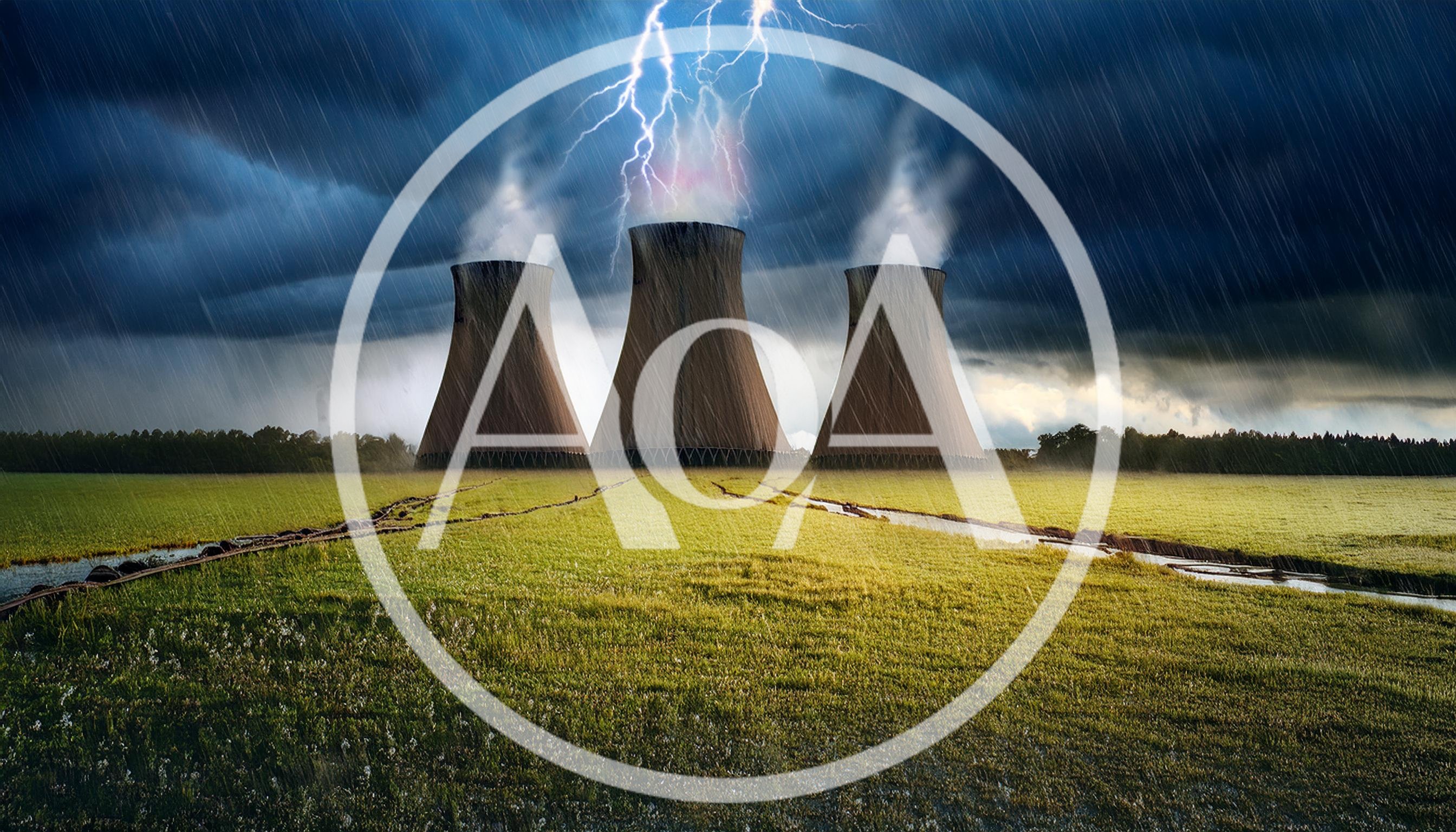Three Nuclear Cooling Towers Under Stormy Lightning Sky