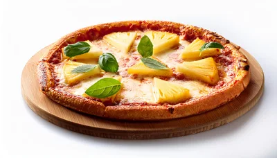 Fresh Pineapple Pizza With Basil Leaves On Wooden Board