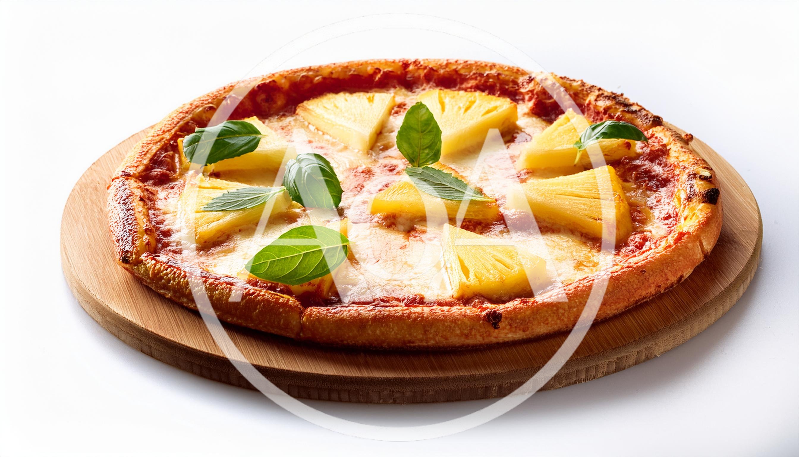 Fresh Pineapple Pizza With Basil Leaves On Wooden Board