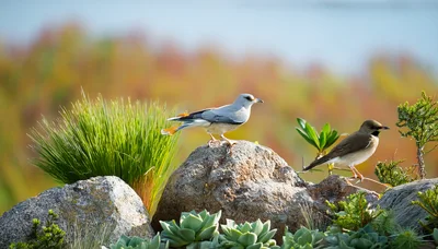 Two Birds Perched on Rocks in a Garden