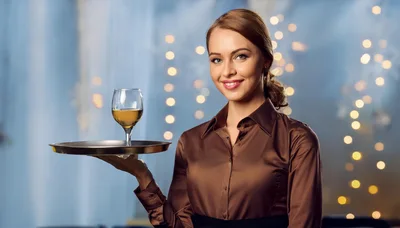 Waitress Holding A Tray With A Glass Of Wine