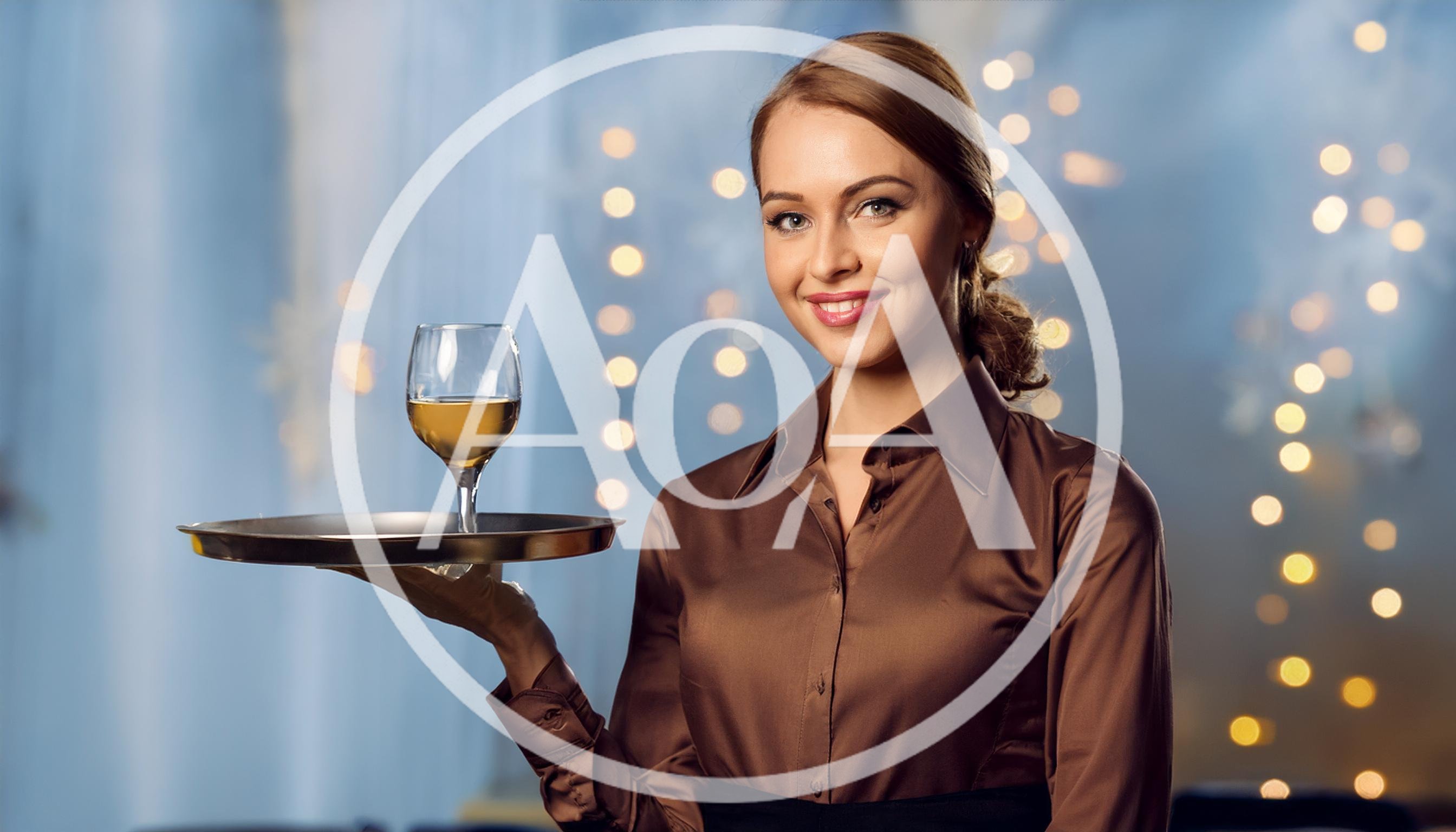 Waitress Holding A Tray With A Glass Of Wine