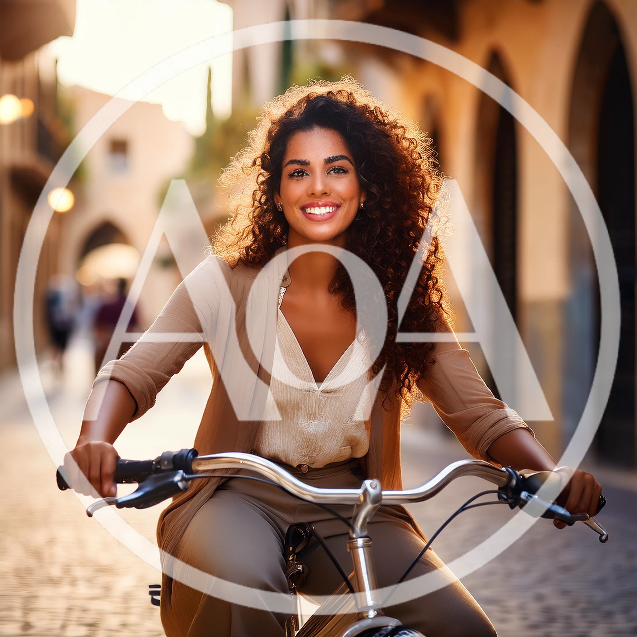 Smiling Woman Riding A Bicycle Through A European Street