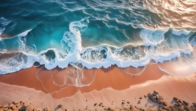 Aerial View Of Ocean Waves Crashing On Sandy Beach