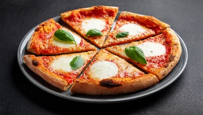 Fresh Margherita Pizza Slices On A Grey Plate