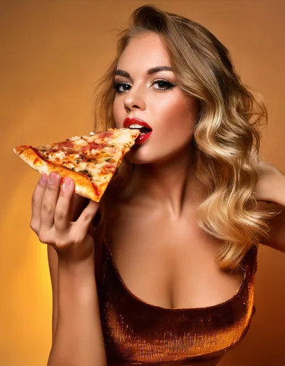 Beautiful Blonde Woman Eating A Slice Of Pizza