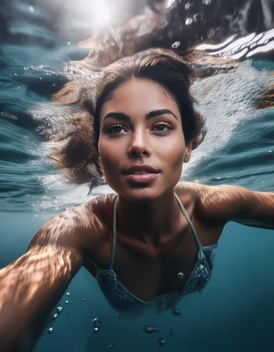 Young Woman Swimming Underwater In Clear Blue Water