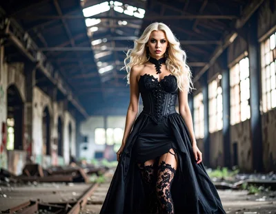 Blonde Woman In Gothic Corset Dress In Abandoned Warehouse